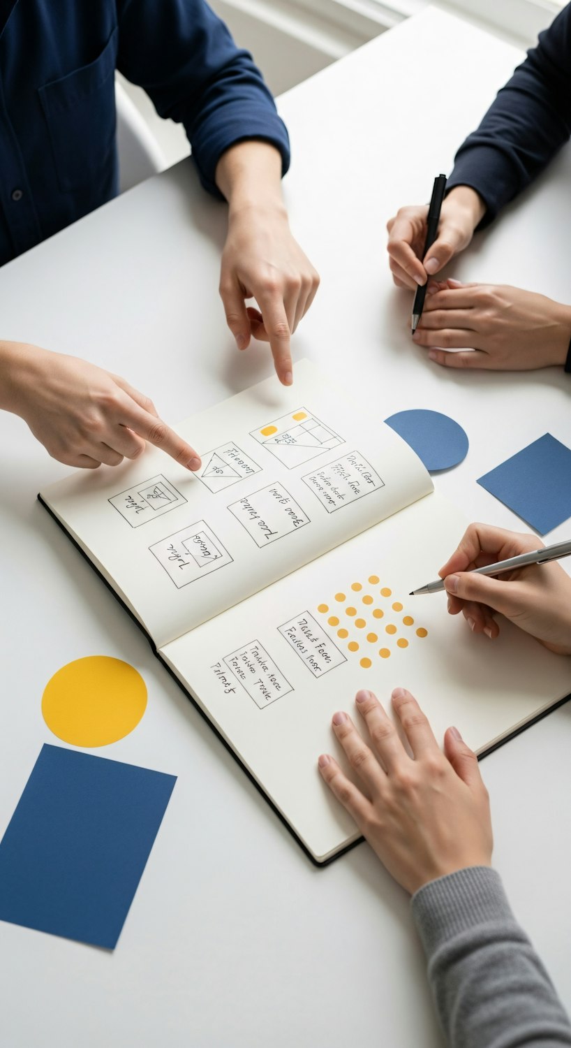 Three members of the Formwork team sketching website wireframes together in a notebook
